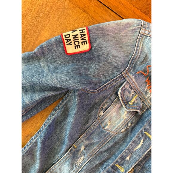 Vintage Lucky Legends Denim Jacket Embroidered Hippie Boho Distressed Patch - Picture 4 of 6